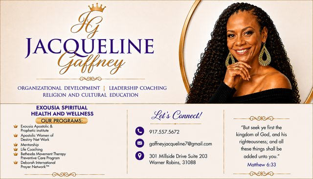 Jacqueline Gaffney card listing the Exousia Spiritual Health and Wellness programs and Matthew 6:33