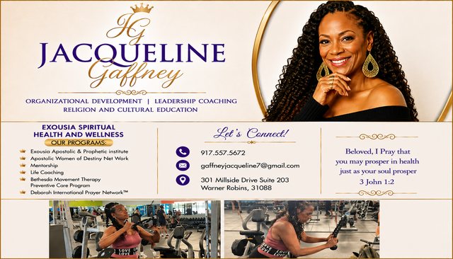 Exousia Spiritual Health and Wellness card with Jacqueline Gaffney's programs, contact details and gym photos