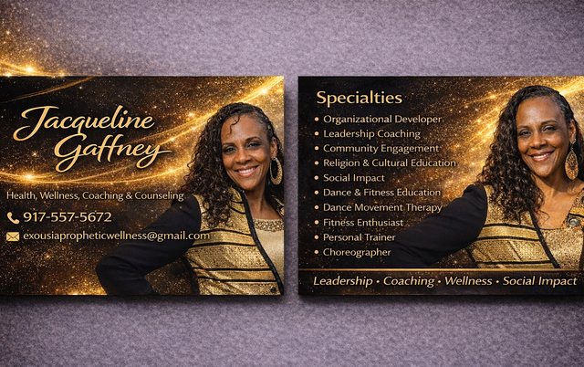 Jacqueline Gaffney's business card: Health, Wellness, Coaching and Counseling, with her specialties on the back