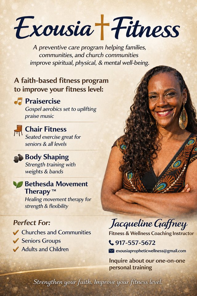 Exousia Fitness flyer listing Praisercise, Chair Fitness, Body Shaping and Bethesda Movement Therapy, with Jacqueline Gaffney's photo and contact details