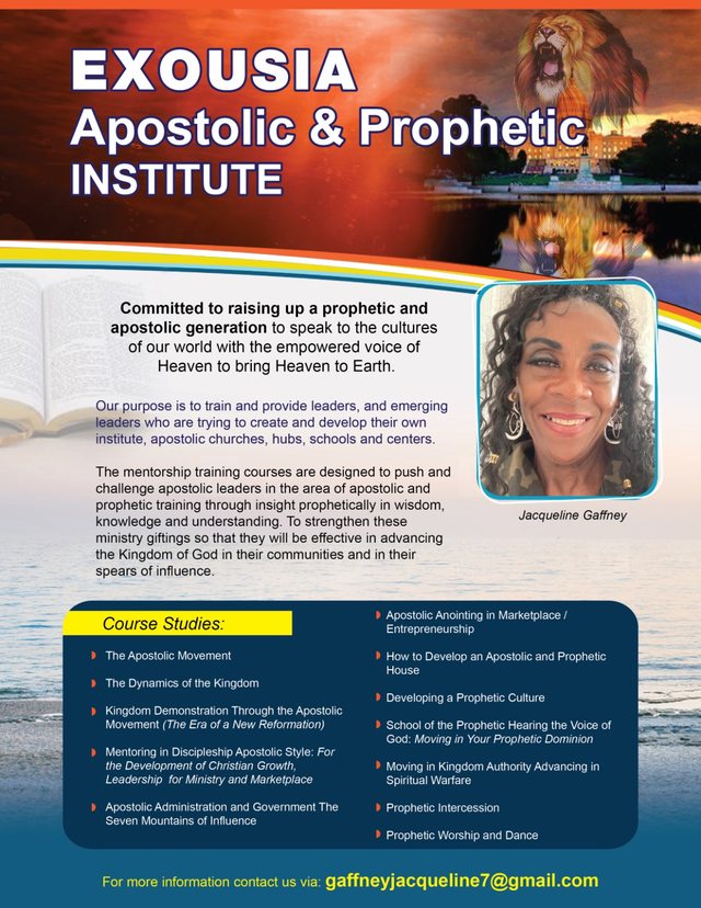 Exousia Apostolic and Prophetic Institute flyer listing the course studies