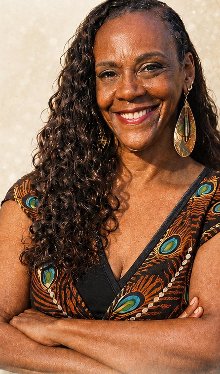 Jacqueline Gaffney, arms folded and smiling, in a patterned dress